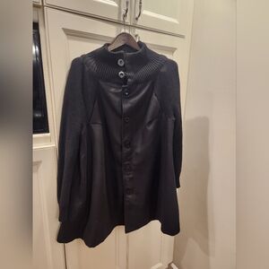 Women's Black Button-Up Lightweight Coat With Knit Sleeves.